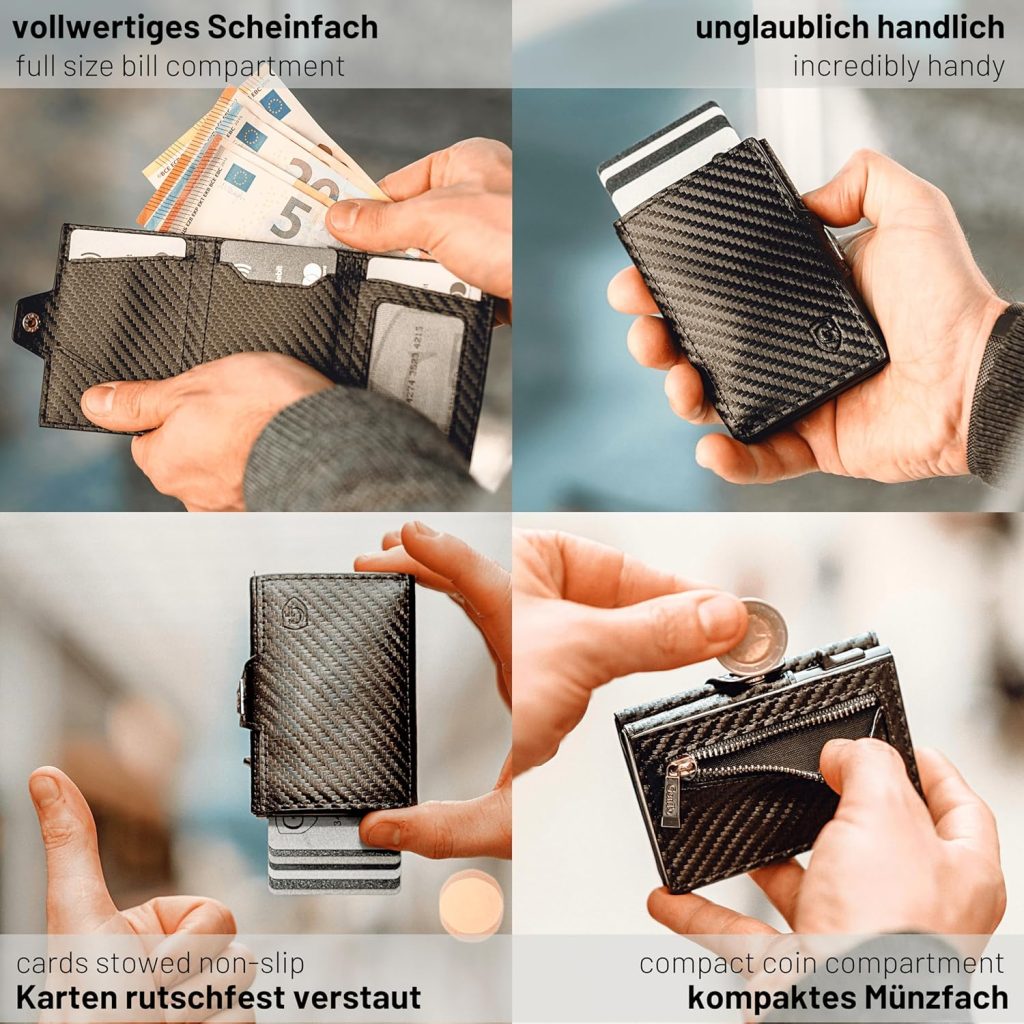 GenTo Smartlet Push Air II - AirTag Wallet met muntenvak - Metal Case - Slim Wallet -TÜV geteste RFID NFC-bescherming -kleine portemonnee - dunne smalle kaartenetui, carbon, Kompaktes Münzfach |