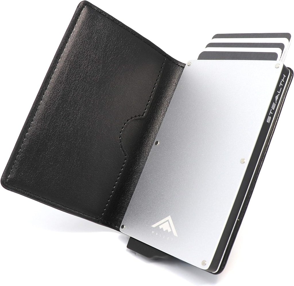 STEALTH Wallet - Slanke Lichtgewicht Minimalistische Kaarthouder Portemonnee - Compacte RFID/NFC Blokkerende Pop-up Portemonnees Kaarthouders met Geschenkdoos (Zilver Aluminium met Zwart Leer)